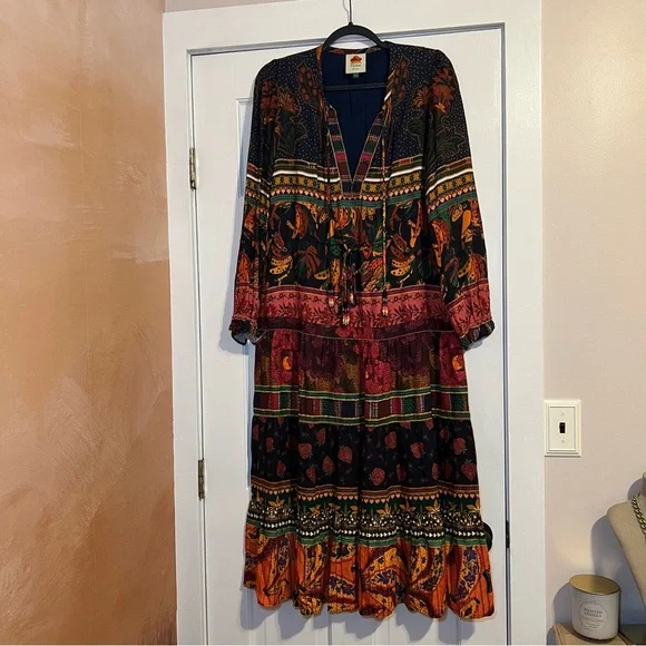 #63 FARM RIO MIXED PATCHWORK MIDI DRESS $265 Bohemian Multicolor Maxi Dress - Picture 1 of 12